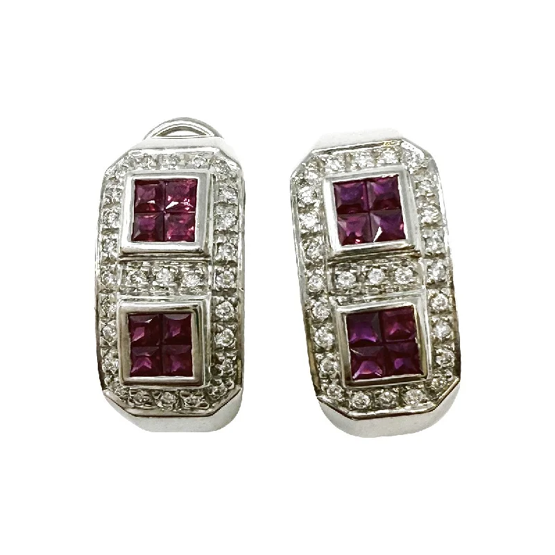 Ladies earrings angled cut earrings-14K White Gold Huggie Earrings with Ruby and Diamonds