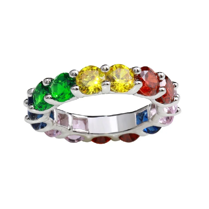 Ladies rings lightweight comfort designs-Rhodium Plated 925 Sterling Silver Plated 925 Sterling Silver Multi-Colored Round CZ Stone Ring - GMR00269RBC