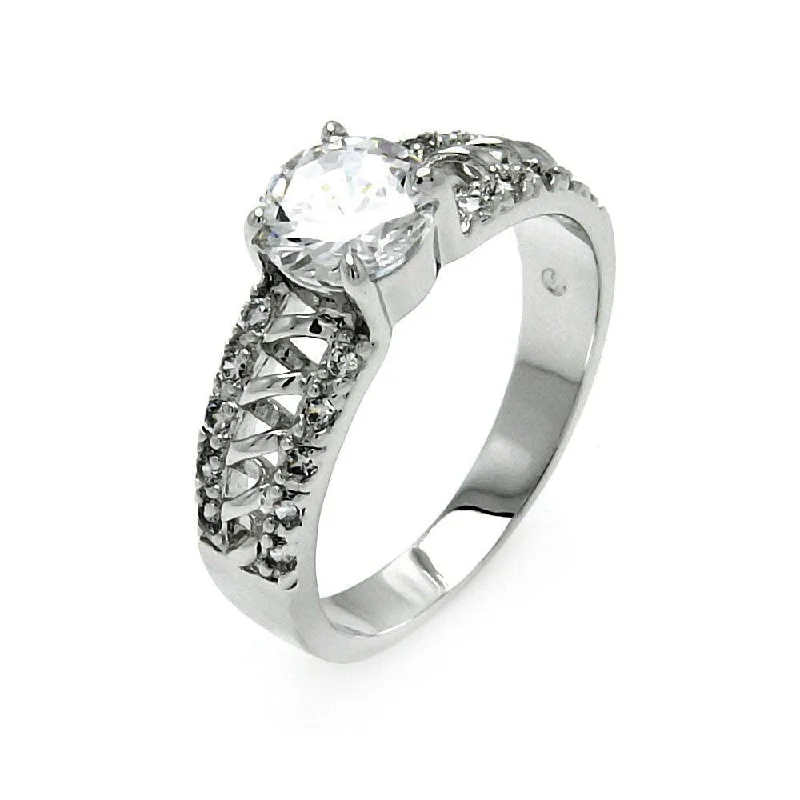 Ladies rings metallic sheen styles-Silver 925 Rhodium Plated Clear Round Center CZ Spiral Bridal Ring - BGR00526