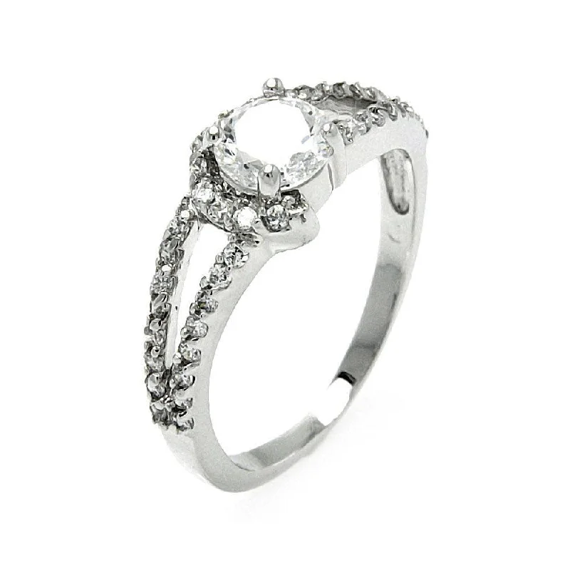 Ladies rings comfort fit styles-Silver 925 Rhodium Plated Clear Round Center CZ Open Bridal Ring - BGR00569