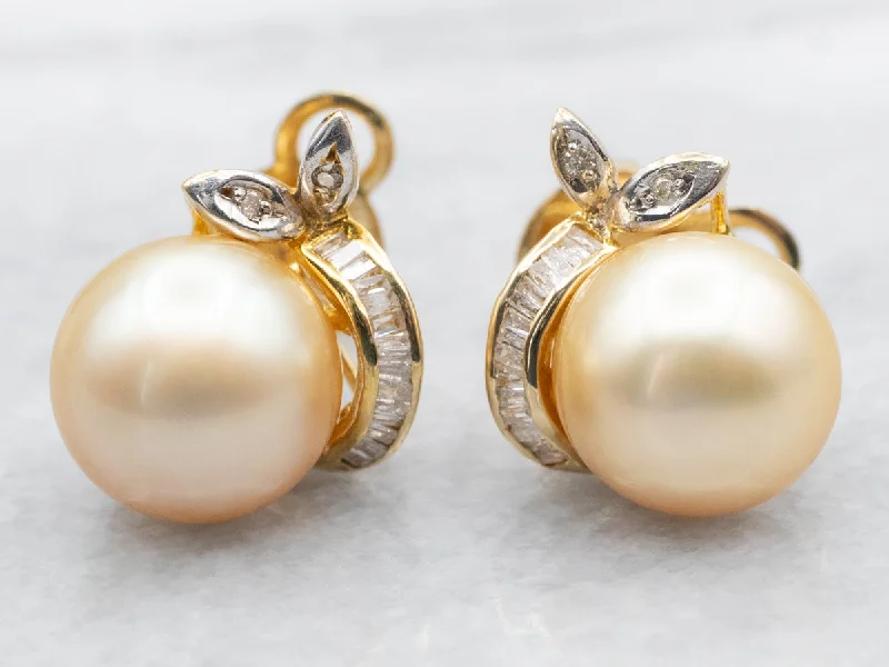 Ladies earrings starburst style picks-Champagne Pearl Diamond and Gold Statement Earrings