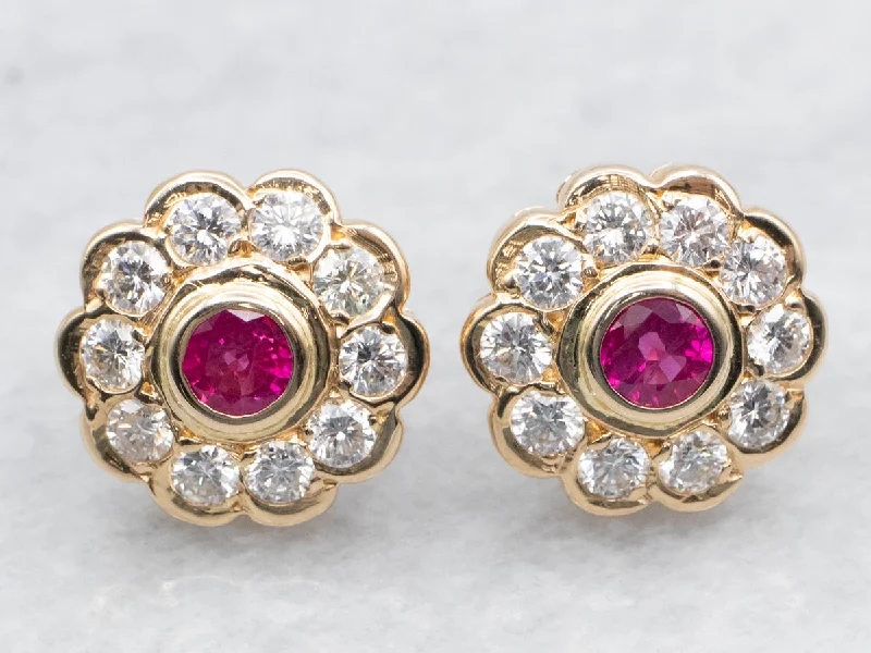 Ladies earrings everyday glamour styles-Bezel Set Ruby and Diamond Halo Stud Earrings