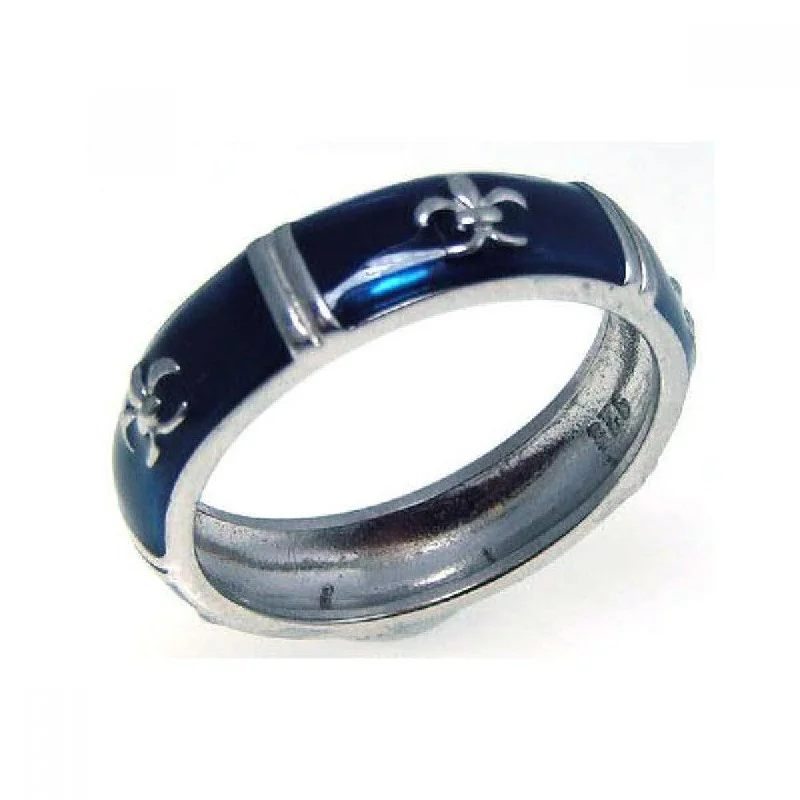 Ladies rings oversized bold rings-Silver 925 Rhodium Plated Blue Enamel Fleur De Lis Eternity Ring - STR00526