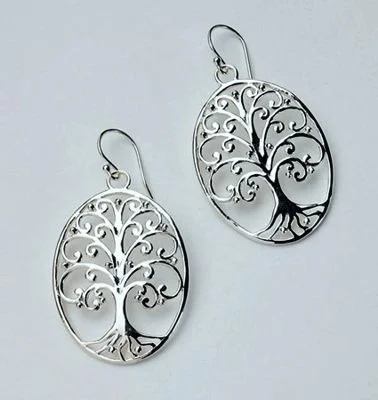 Ladies earrings birth month designs-Sterling Silver "Tree of Life" Oval Earrings