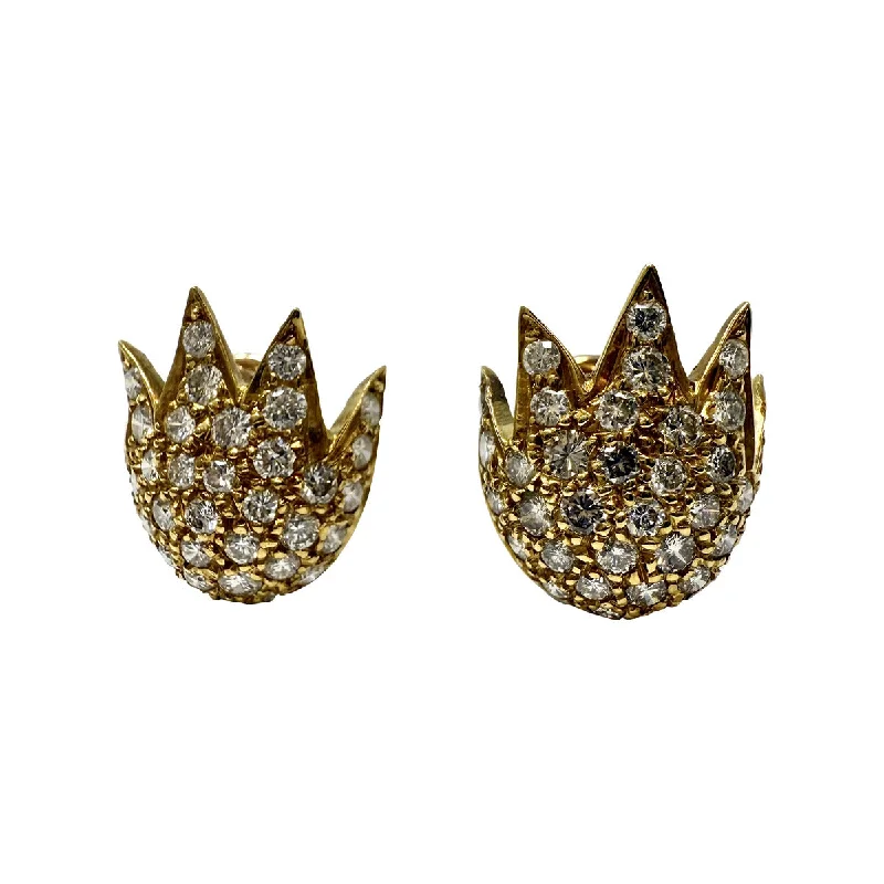 Ladies earrings embossed design earrings-14K Gold Tulip Shaped Earrings with Diamonds