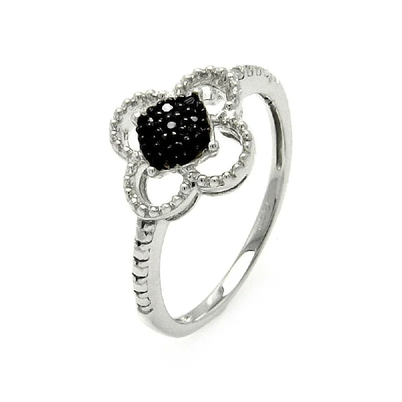 Ladies rings wire-wrapped rings-Silver 925 Black and Silver Rhodium Plated Black and Clear CZ Flower Ring - STR00909