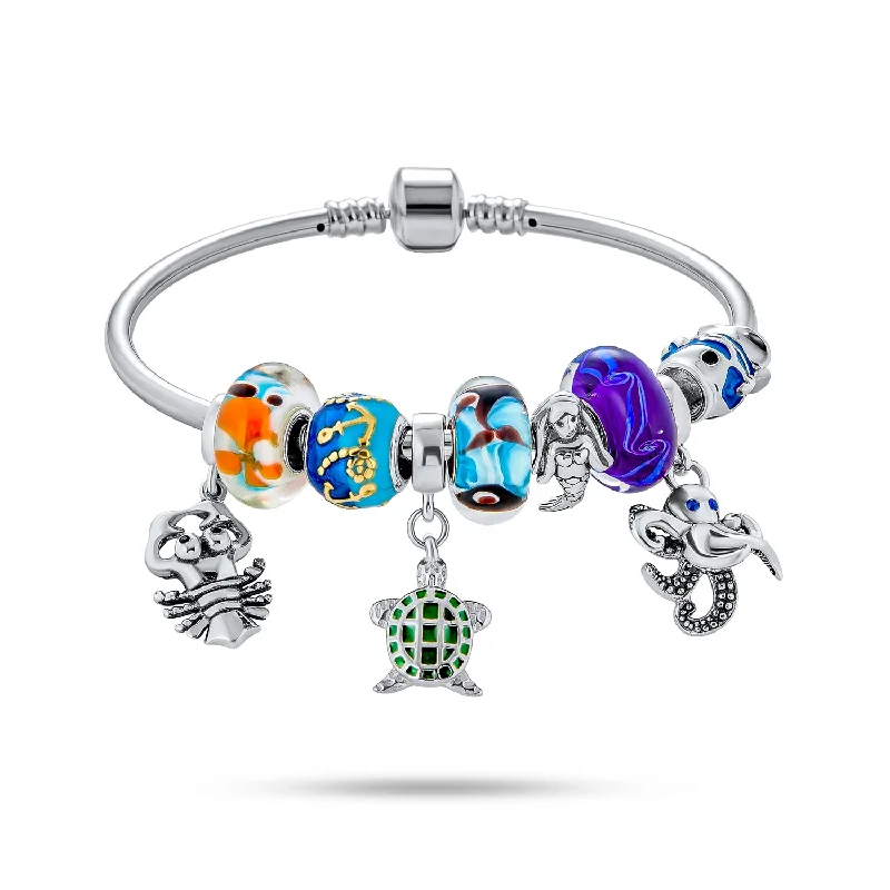 Ladies bracelets salt-and-pepper designs-Nautical Blue Opal Starfish Bangle Bracelet in Sterling Silver