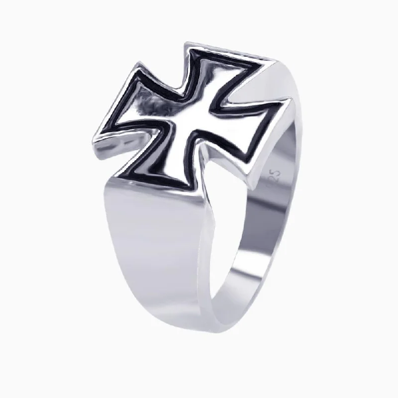 Ladies rings bold silhouette rings-Silver 925 Rhodium and Black Rhodium Plated High Polish Cross Ring - AAR0020