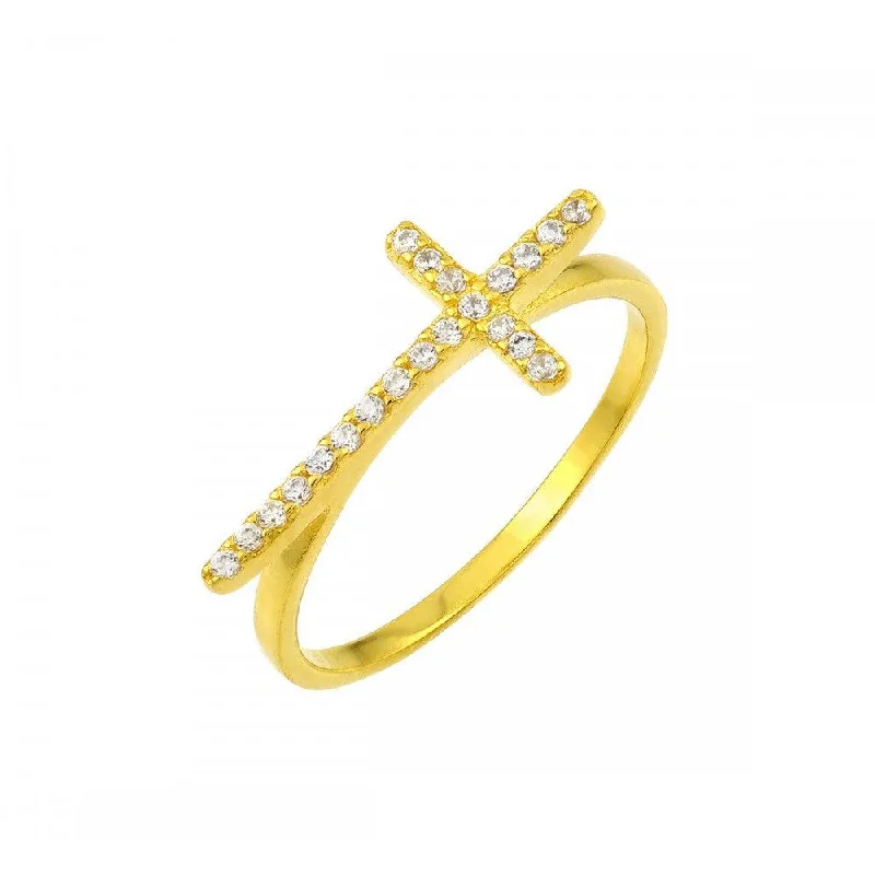 Ladies rings brushed texture styles-Silver 925 Gold Plated Clear CZ Cross Ring - BGR00810GP