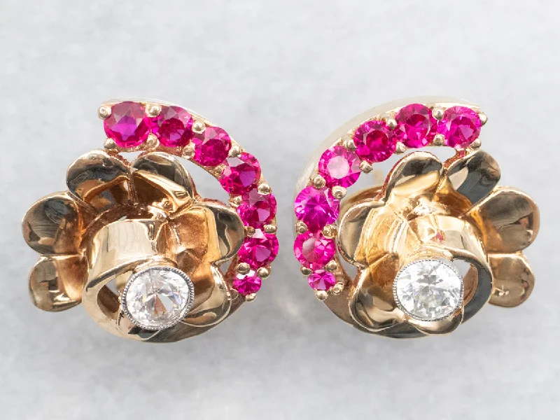 Ladies earrings seasonal collection styles-Funky White Topaz and Synthetic Ruby Retro Stud Earrings