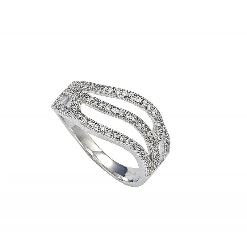 Ladies rings cluster ring styles-Silver 925 Rhodium Plated Micro Pave Set Clear CZ Wave Ring - GMR00008