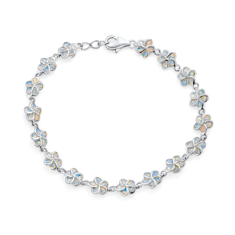 Ladies bracelets romantic era designs-Plumeria Hawaiian Flower White Created Opal Link Bracelet Silver