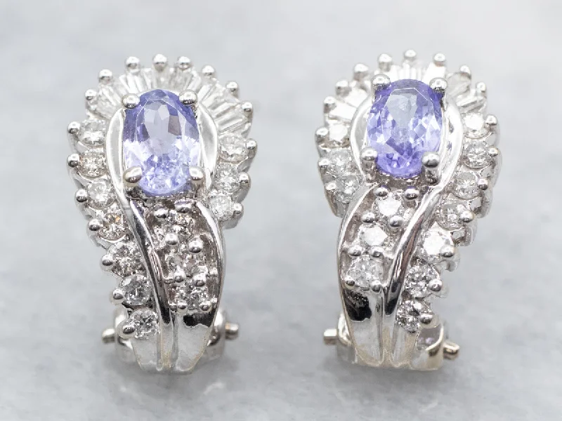 Ladies earrings antique style designs-White Gold Oval Cut Tanzanite Stud Earrings with Round and Baguette Cut Diamond Accents and Omega Backs