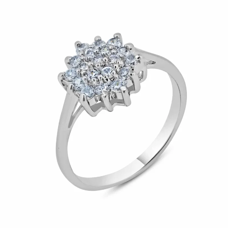 Ladies rings accurate size guide-Silver 925 Rhodium Plated Clear Cluster CZ Flower Ring - BGR00391