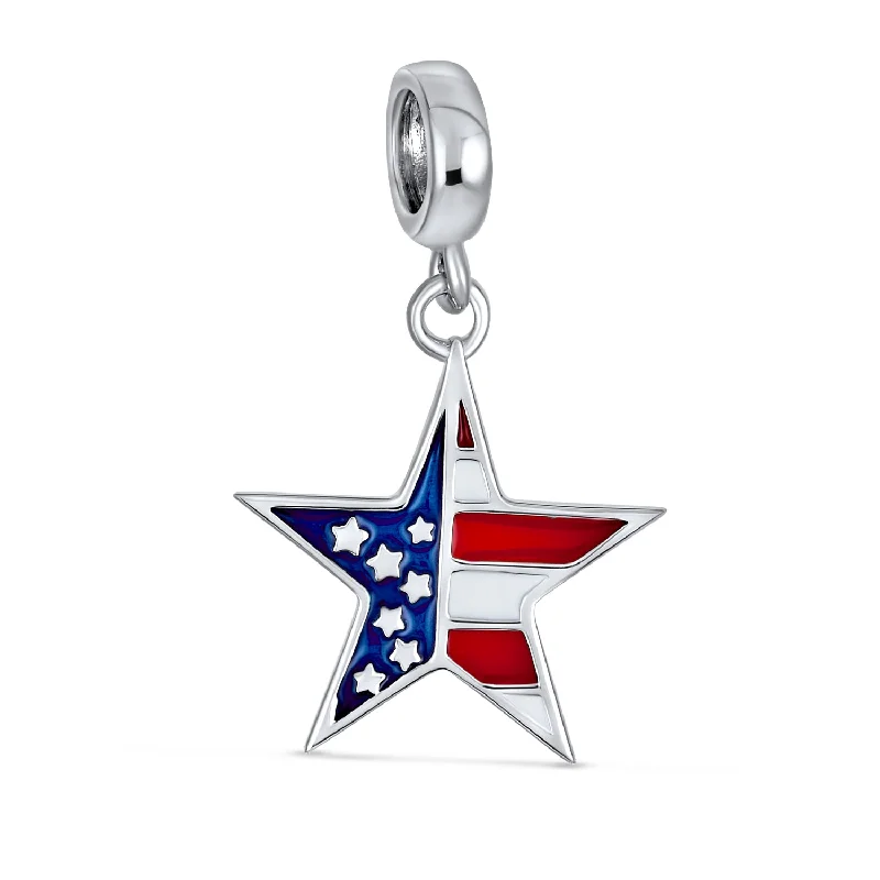 Ladies bracelets subtle beauty styles-Patriotic Flag Star Dangle Charm Bead Sterling Silver for European Bracelet