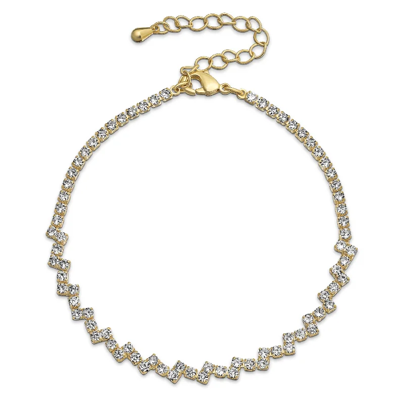 Ladies bracelets Indian-inspired designs-Thin Minimalist Chain Link Bracelet with Cubic Zirconia in Yellow Gold Plated