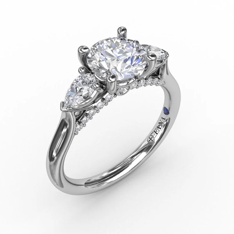 Ladies engagement rings luxurious solitaires-Classic Three-Stone Diamond Engagement Ring With Pear-Shape Side Diamonds