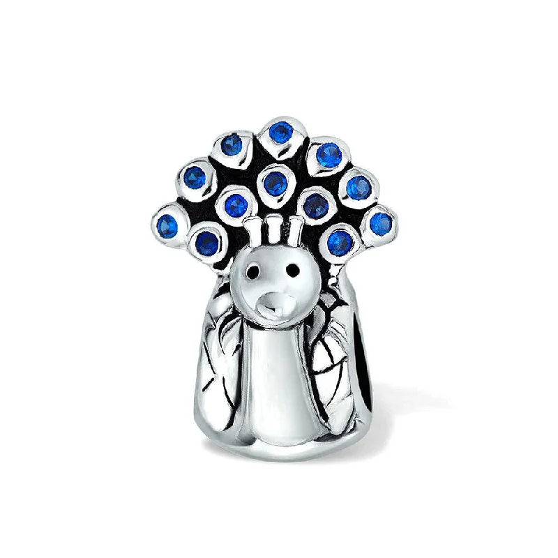 Ladies bracelets twisted band styles-Peacock Charm Bead Royal Blue CZ Sterling Silver for European Bracelet