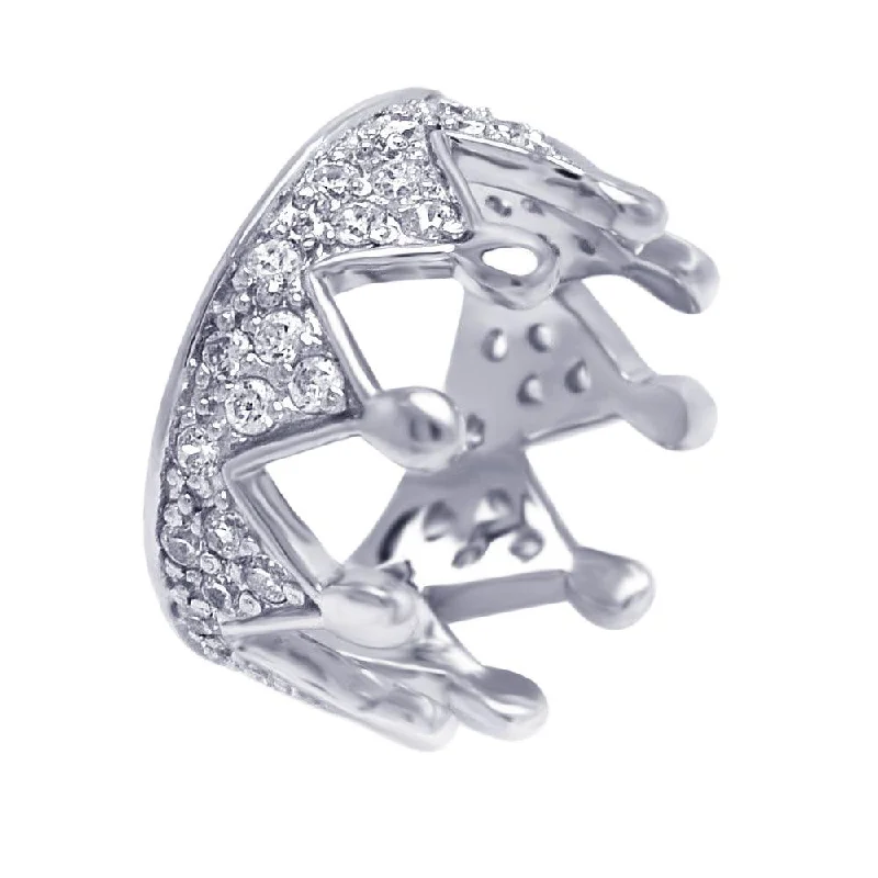 Ladies rings natural stone designs-Silver 925 Rhodium Plated Pave Clear CZ Crown Ring - AAR0016