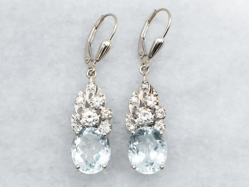 Ladies earrings etched pattern styles-Blue Topaz and Diamond Drop Earrings