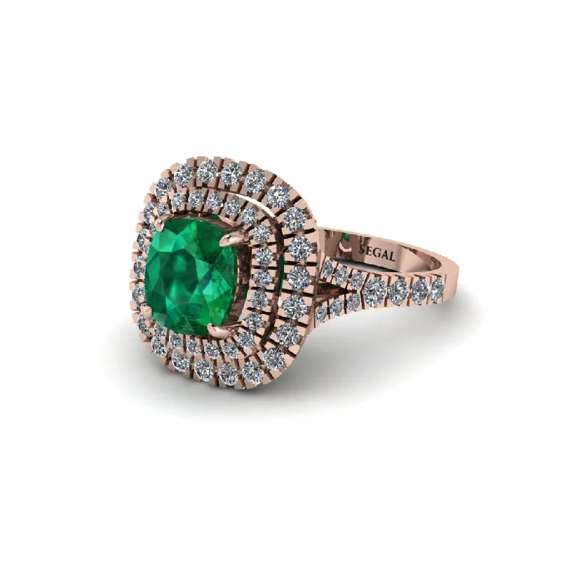 Ladies engagement rings heirloom pieces-Emerald Double Halo Cushion Cut Engagement Ring - Courtney No. 5