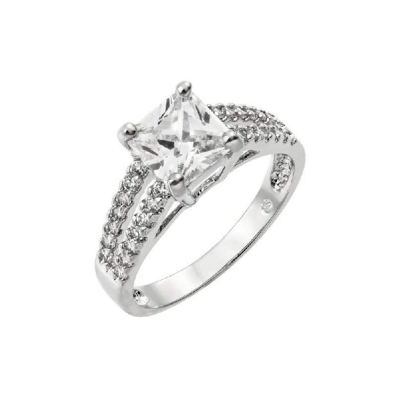 Ladies rings marquise cut rings-Silver 925 Rhodium Plated Clear Princess Cut and Inlay CZ Ring - BGR00903