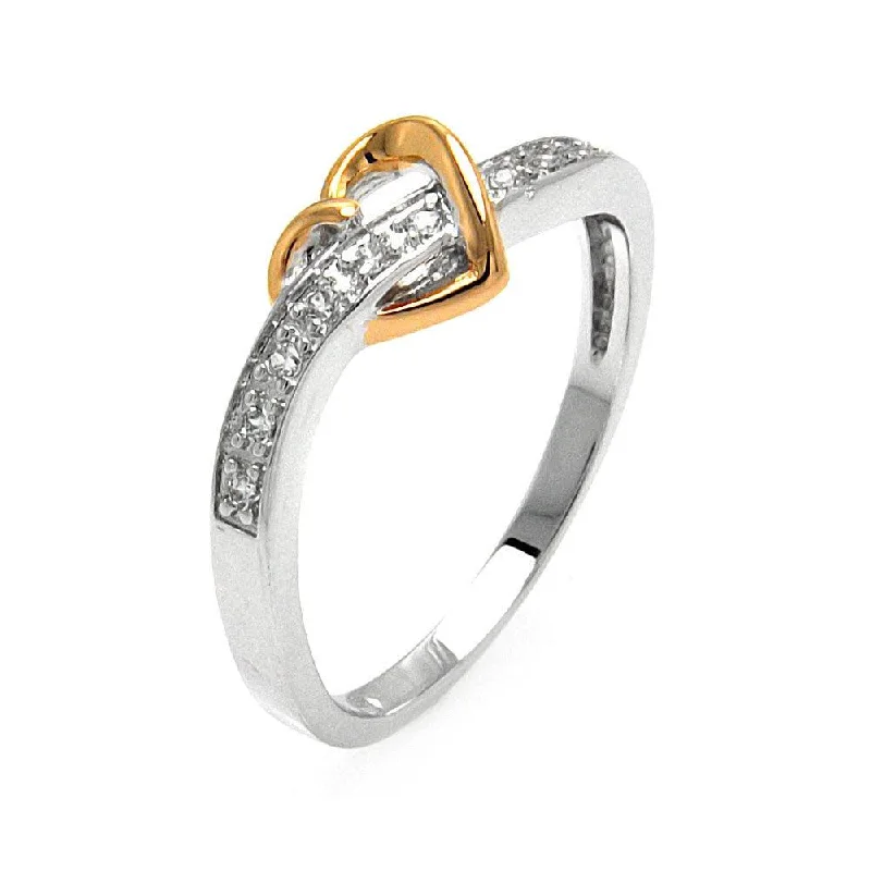 Ladies rings rounded edge designs-Silver 925 Rhodium and Gold Plated 2 Toned Clear Pave Set CZ Heart Ring - BGR00577