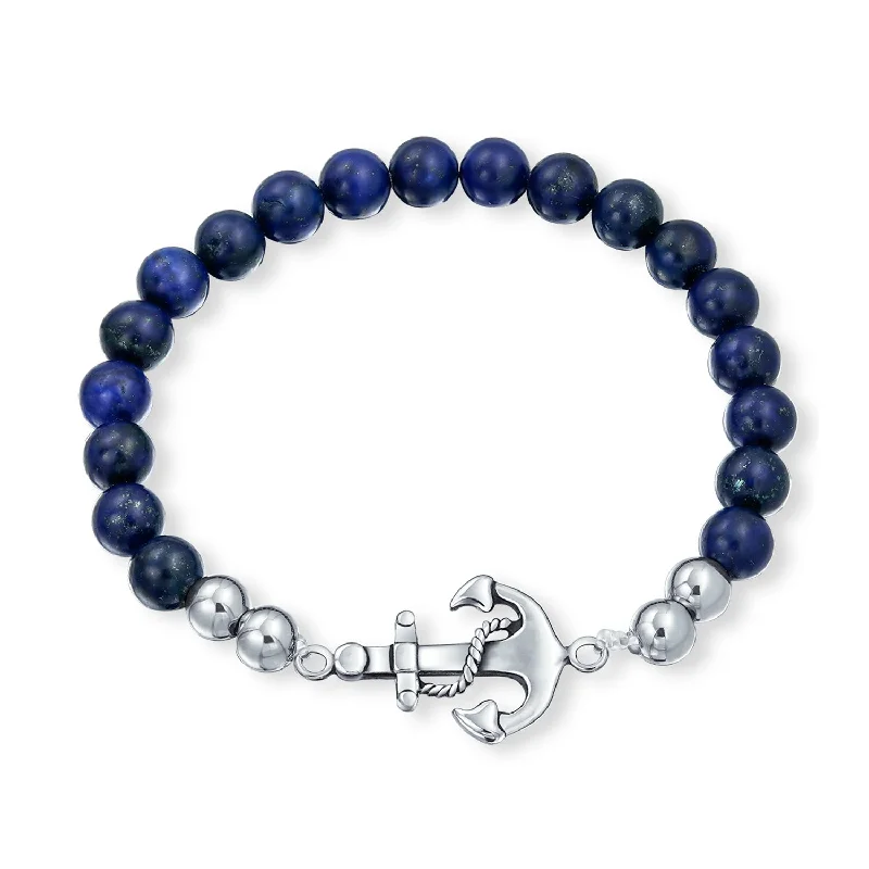 Ladies bracelets romantic floral styles-Stackable Navy Blue Lapis Lazuli Stretch Bracelet with Nautical Anchor Design