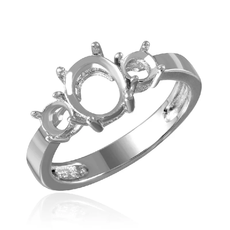 Ladies rings romantic era designs-Silver 925 Rhodium Plated 3 Stone Oval Center Mounting Ring - BGR00483