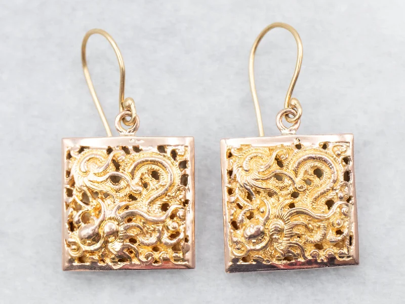 Ladies earrings cushion cut earrings-Yellow Gold Ornate Filigree Square Shaped Drop Earrings