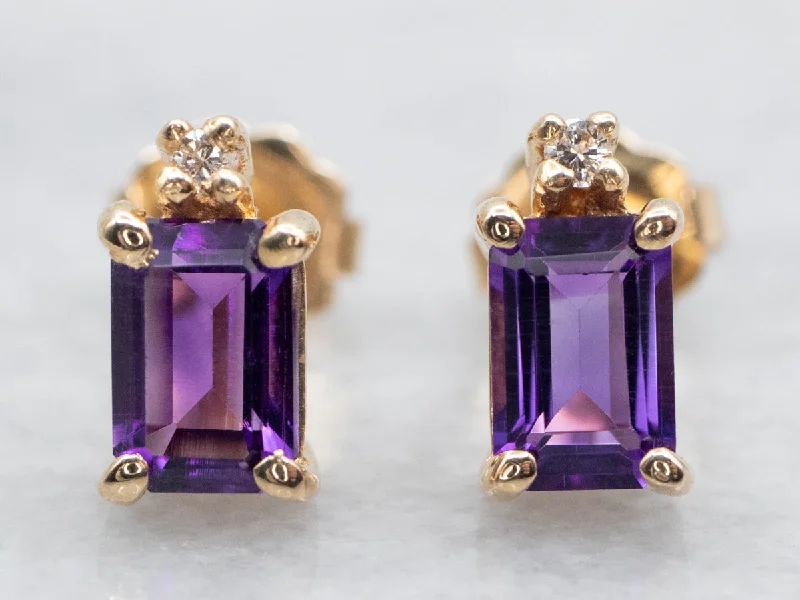 Ladies earrings Halloween theme earrings-Pretty Amethyst and Diamond Stud Earrings