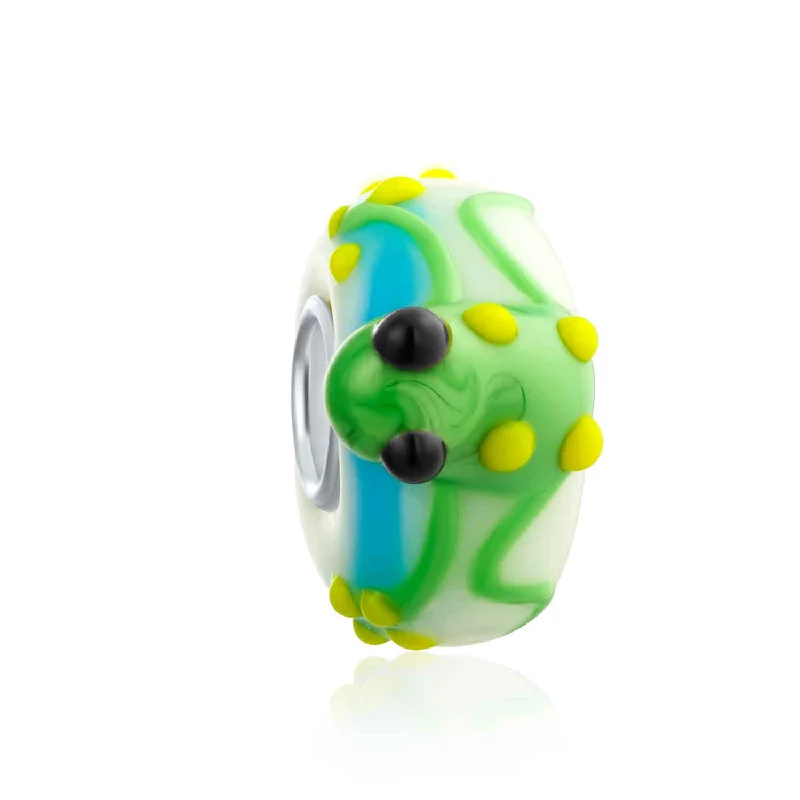 Ladies bracelets artisan metalwork designs-Green Yellow Toad Frog Glass Charm Bead for European Bracelet 3D Lampwork Murano