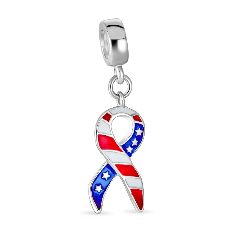 Ladies bracelets sparkle detail designs-Patriotic USA Flag Ribbon Dangle Charm Bead Enamel Silver for European Bracelet