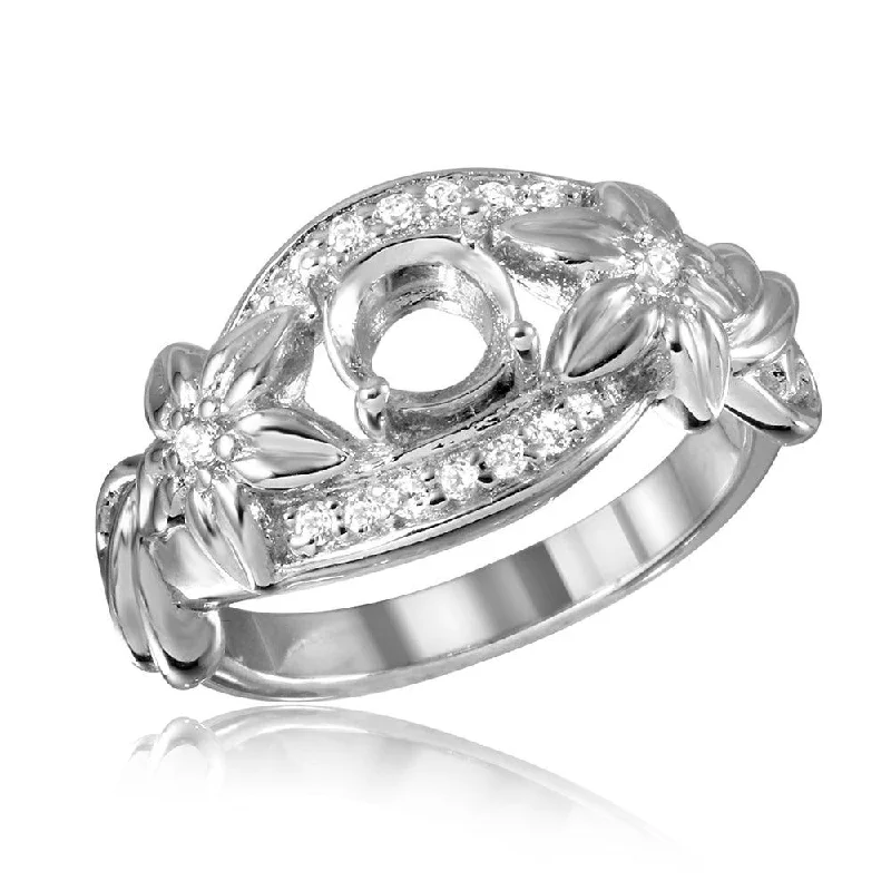 Ladies rings social media trends-Silver 925 Rhodium Plated Flower Shank Single Stone Mounting Ring - BGR00815