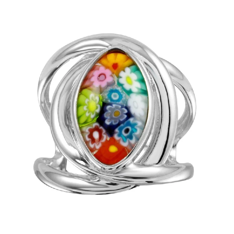 Ladies rings industrial style rings-Rhodium Plated 925 Sterling Silver Open Shank Oval Shape Murano Glass Ring - MR00008