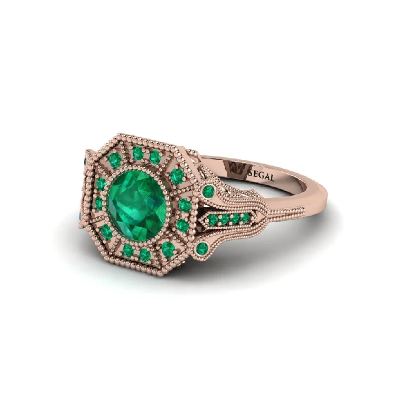 Ladies engagement rings twisted diamond cuts-Emerald 14K Gold Art Deco Engagement Ring - Erin No. 20