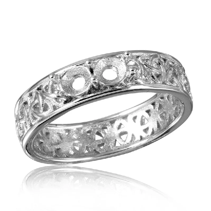 Ladies rings tension set rings-Silver 925 Rhodium Plated Celtic Designed Band 2 Stones Mounting Ring - BGR00828