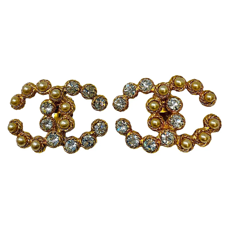 Ladies earrings oval cut styles-Chanel 2008 Gold-tone Interlocking CC Clip-on Earrings with Crystal & Faux Pearl