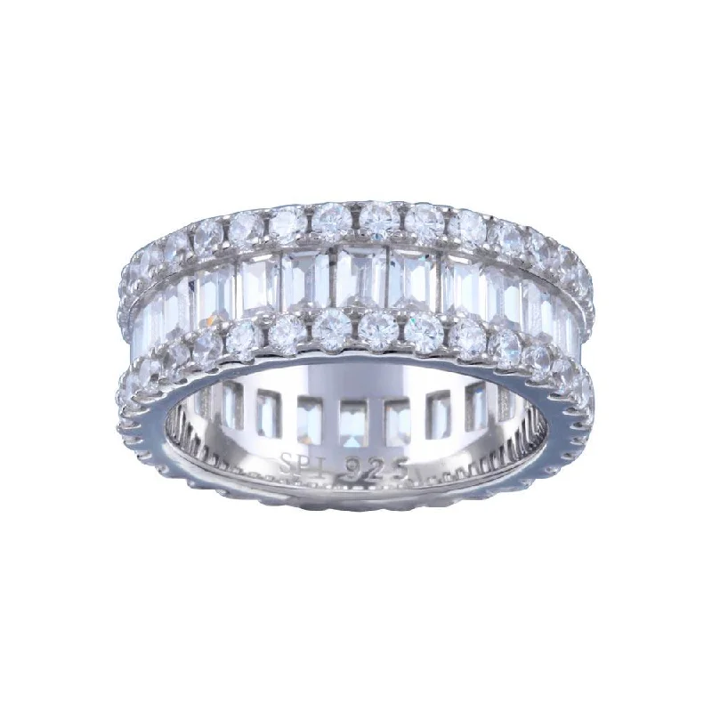 Ladies rings light feel styles-Rhodium Plated 925 Sterling Silver CZ Baquette Band with Border Ring  - STR01144