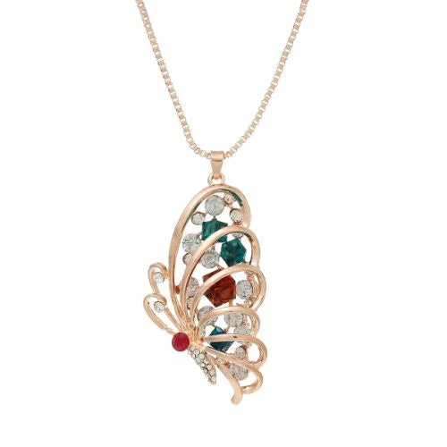 Ladies necklaces Indian-inspired styles-Snake Chain Pendant Necklace Rose Gold Tone Butterfly w/  Crystals with Extension Chain 28 Long