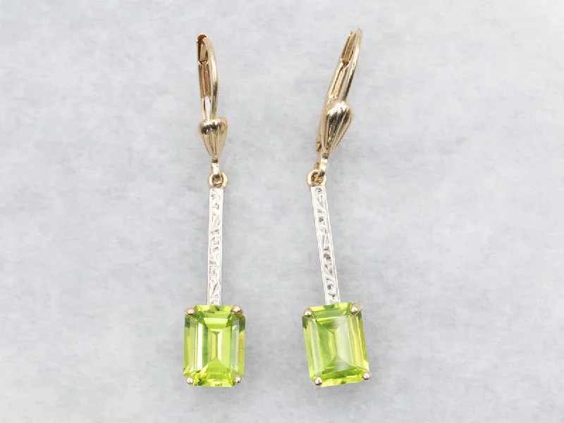 Ladies earrings luxurious bold designs-Two Tone Bar Set Peridot Drop Earrings