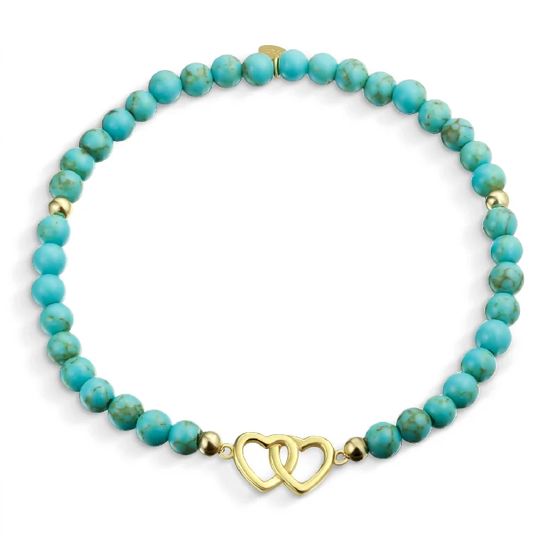 Ladies bracelets halo accent designs-Interlocking Hearts BFF Turquoise Bead Stretch Bracelet 14K Gold Plated Silver