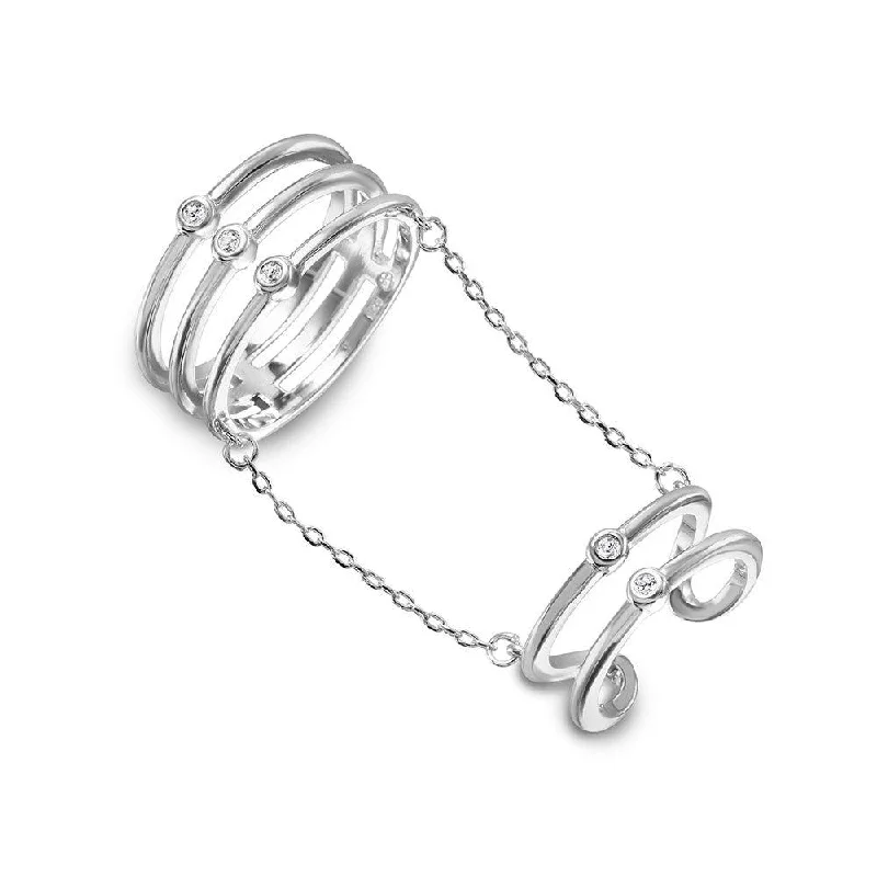 Ladies rings domed shape styles-Silver 925 Rhodium Plated 2 Rings in 1 Attached on a Chain - BGR01025