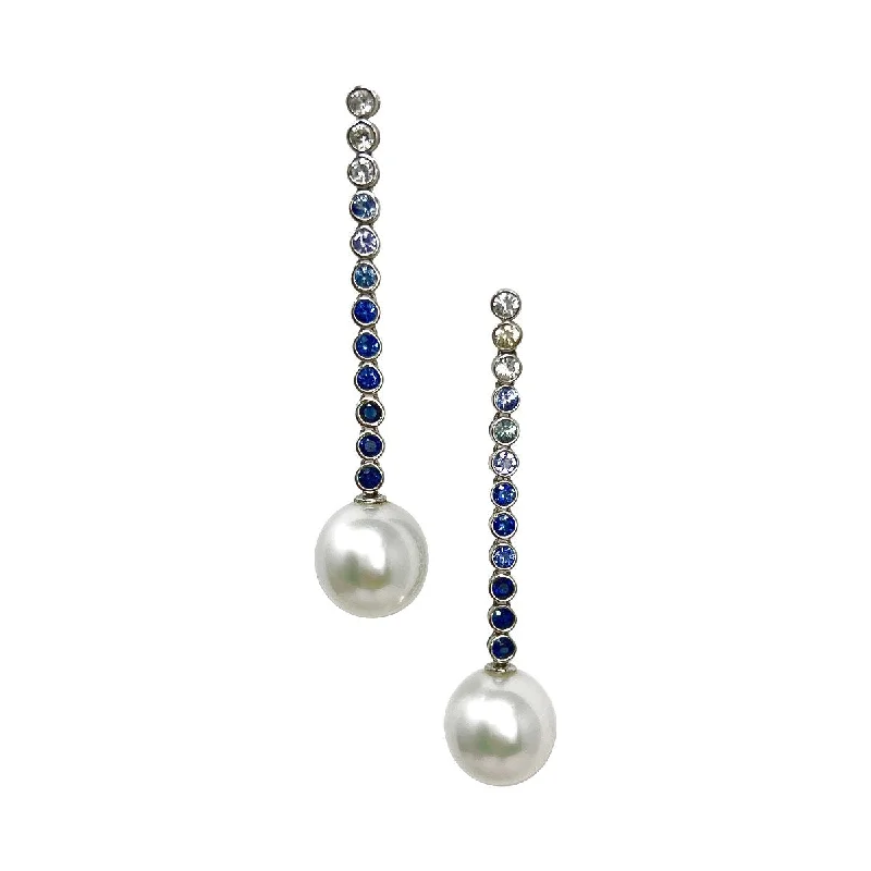 Ladies earrings bold silhouette earrings-18K White Gold Drop Earrings with Sapphire and South Sea Pearl