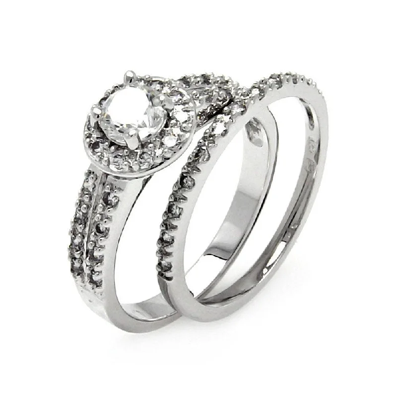 Ladies rings halo accent styles-Silver 925 Rhodium Plated Clear Pave Set CZ Round Bridal Ring Set - BGR00460