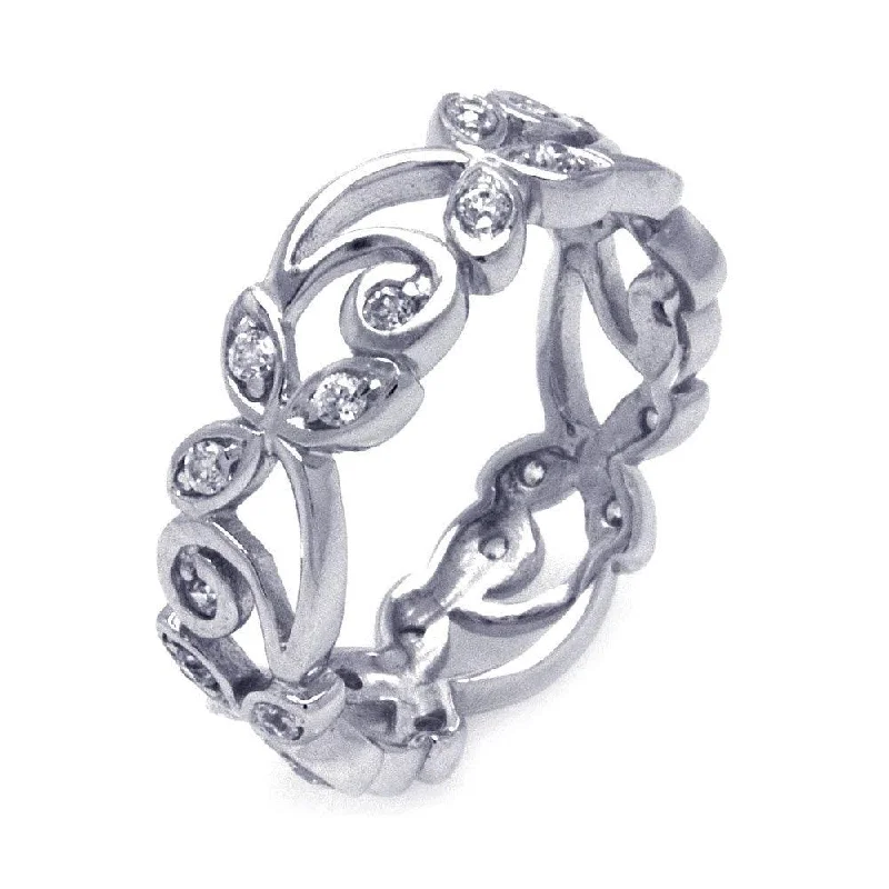 Ladies rings modern sleek appeal-Silver 925 Rhodium Plated CZ Flower Eternity Ring - STR00786