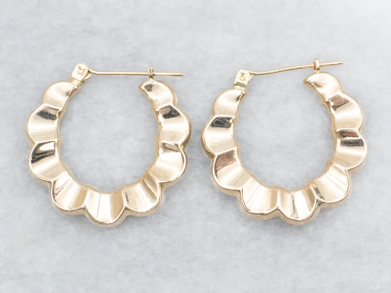 Ladies earrings aged patina earrings-Scalloped Edged Yellow Gold Hoop Earrings