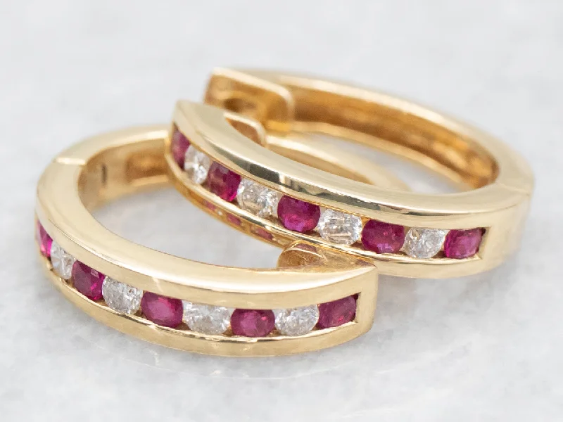 Ladies earrings rose-cut diamond styles-Gold Ruby and Diamond Hinged Huggie Hoop Earrings