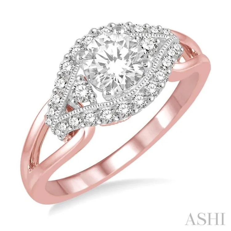 Ladies engagement rings bold halos-3/4 Ctw Diamond Engagement Ring with 1/2 Ct Round Cut Center Stone in 14K Rose and White Gold