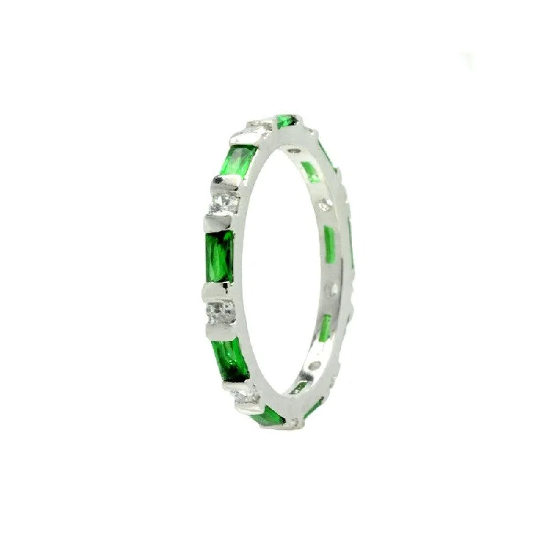 Ladies rings bold silhouette rings-Silver 925 Rhodium Plated Green CZ Stackable Eternity Ring - BGR00622